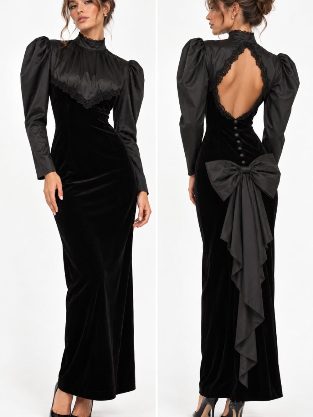 Vintage SCOTT MCCLINTOCK Velvet Column Victorian Black Dress Small 80s 90s
